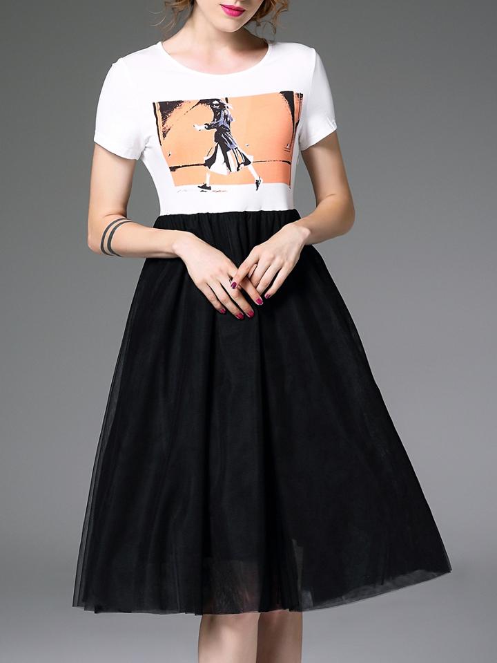 Shein White Black Print A-line Combo Dress