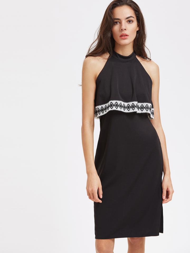 Shein Layered Contrast Lace Keyhole Back Slit Side Halter Dress