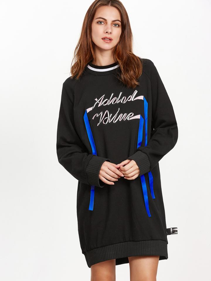 Shein Black Contrast Striped Trim Embroidered Sweatshirt Dress