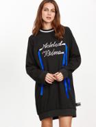 Shein Black Contrast Striped Trim Embroidered Sweatshirt Dress