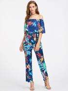 Shein Flounce Layered Neckline Leaves Print Jumpsuit