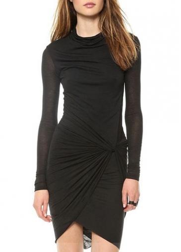 Rosewe Laconic Black Long Sleeve Round Neck Wrap Dress