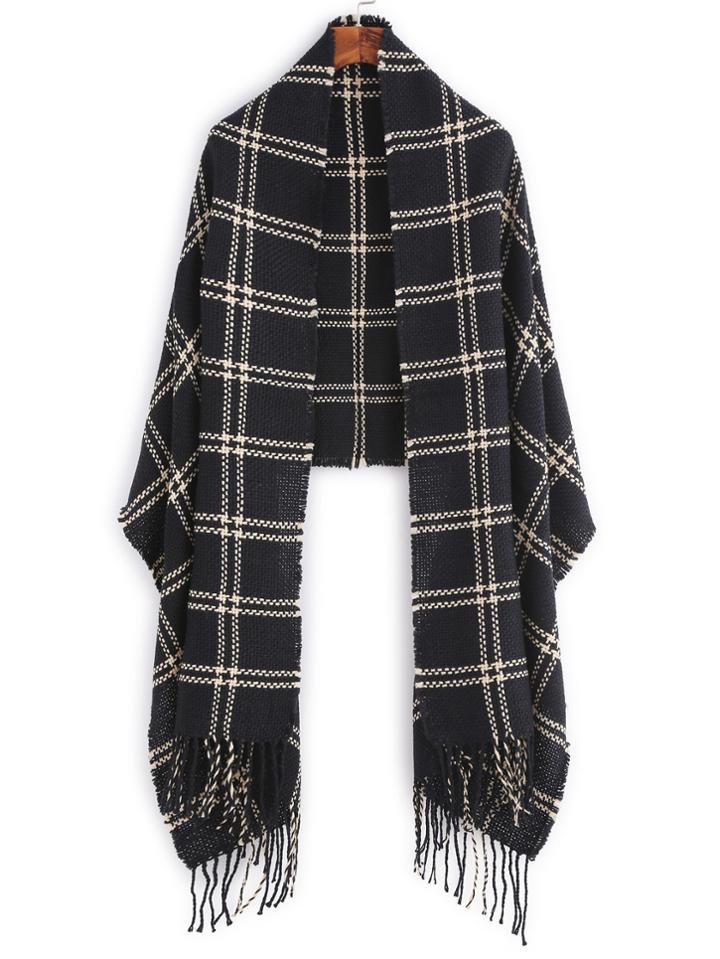 Shein Black Grid Fringe Trim Woven Scarf