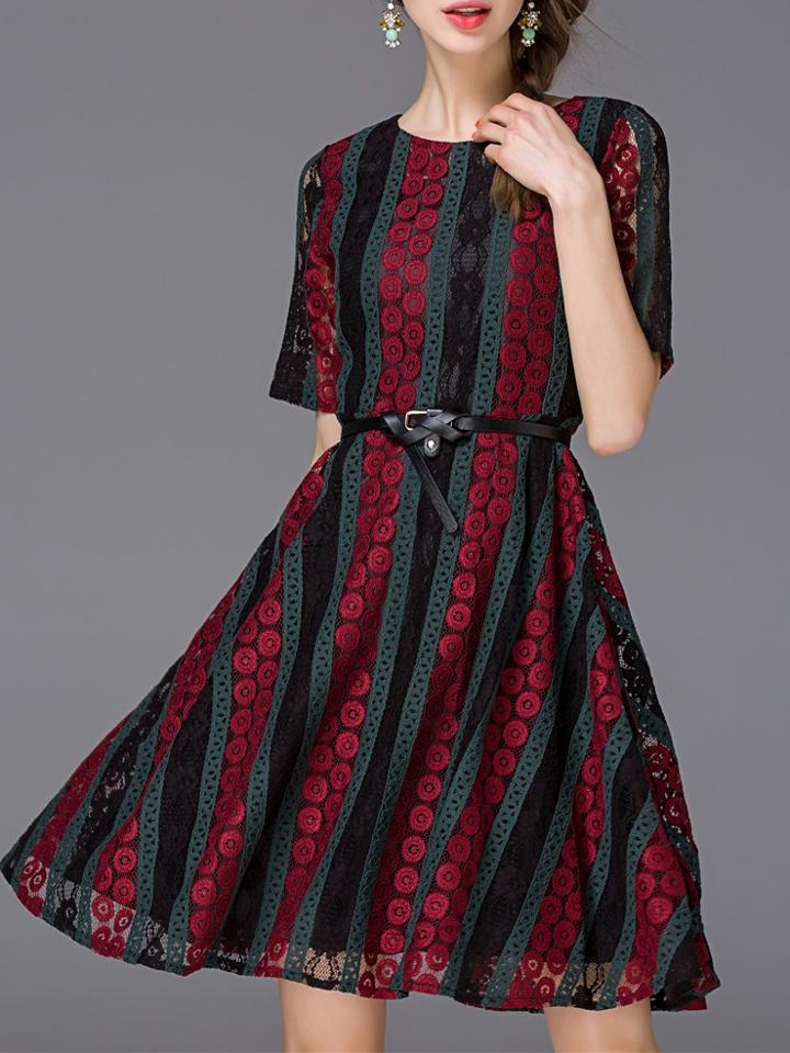 Shein Burgundy Color Block Belted Lace Dress