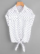 Shein Rolled Sleeve Knotted Hem Polka Dot Shirt