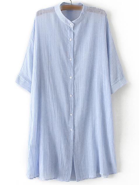 Shein Blue Half Sleeve Lapel Buttons Front Blouse