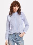 Shein Blue Striped Crochet Insert Ruffle Trim Shirt