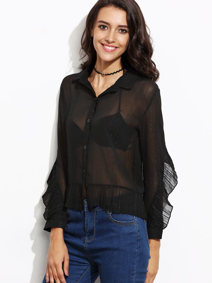 Shein Black Lapel Mesh Ruffle Shirt