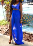 Rosewe Chiffon Slit Design Navy Two Piece Dress