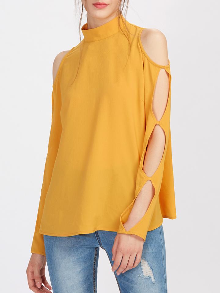 Shein Band Collar Cutout Sleeve Top