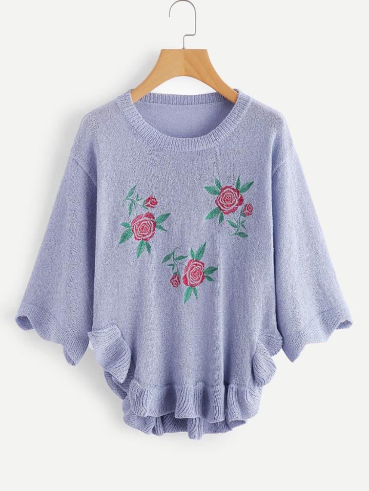 Shein Floral Embroidered Frill Dip Hem Sweater