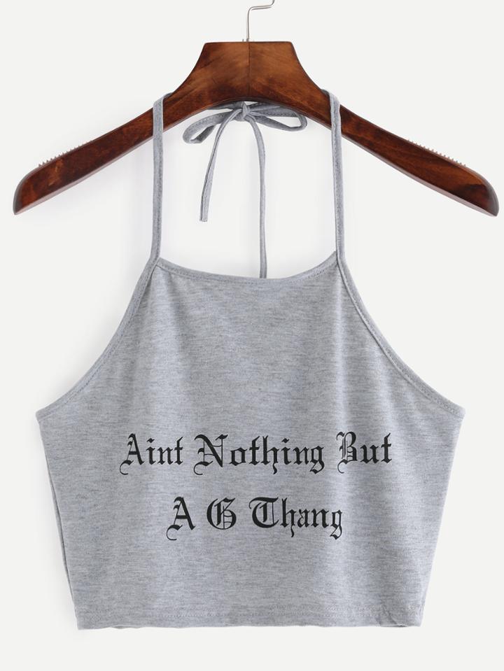 Shein Grey Letter Print Crop Halter Neck Top
