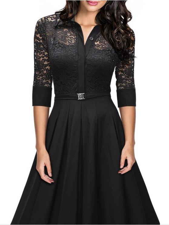 Shein Black Lapel Sheer Lace Slim Dress