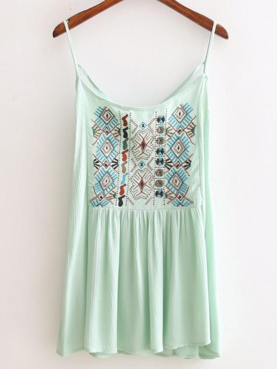Shein Green Spaghetti Strap Embroidery Criss Cross Top