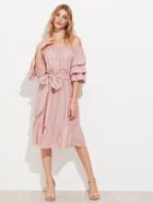 Shein Bardot Ruched Sleeve Frill Hem Self Tie Dress