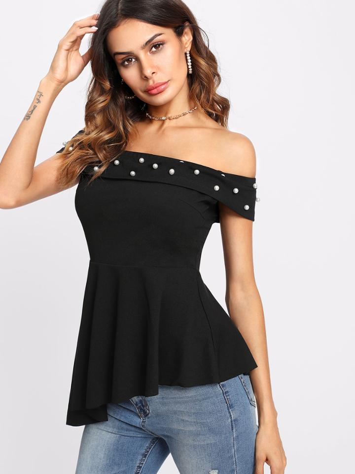Shein Pearl Beading Fold Over Asymmetrical Hem Blouse