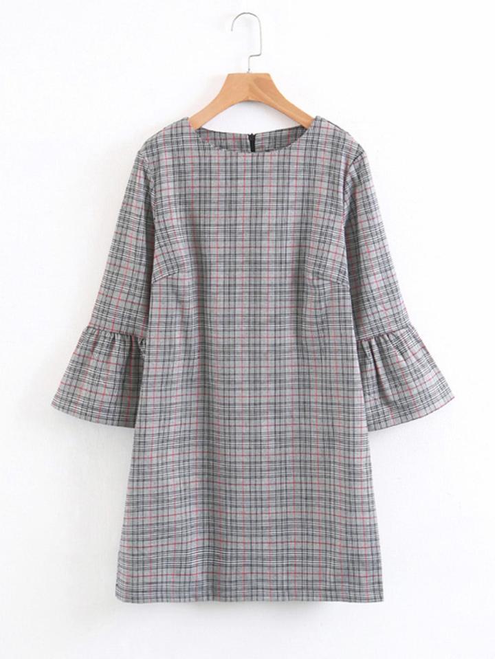 Shein Fluted Sleeve Plaid Dress