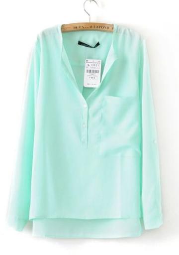 Shein Turquoise Collarless Dipped Hem Long Sleeve Blouse With Front Pocket