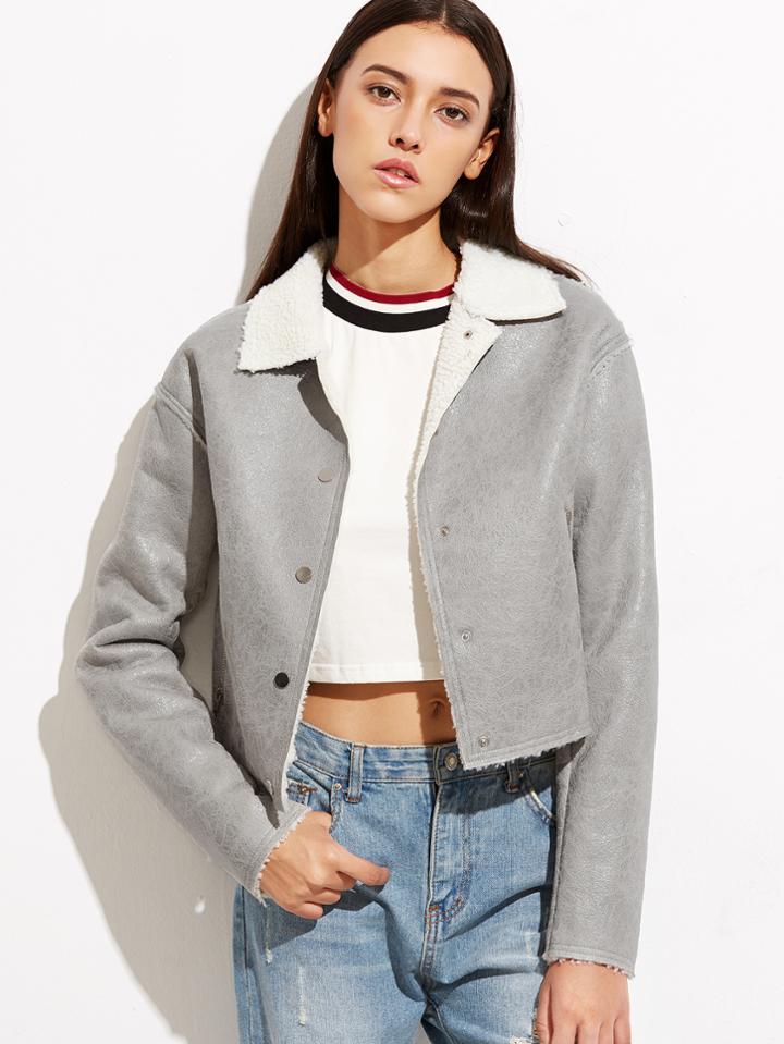 Shein Grey Faux Shearling Button Up Crop Jacket