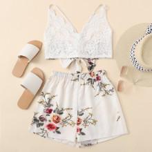 Shein Lace Criss Cross Back Cami With Shorts