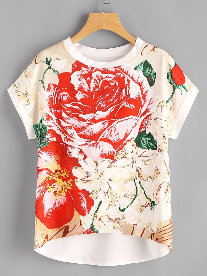 Shein Floral Print Batwing Sleeve Dip Hem Top
