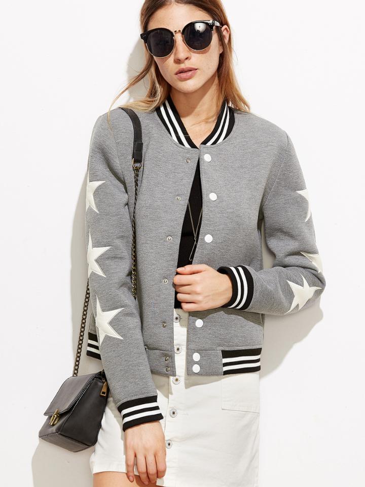 Shein Heather Grey Striped Trim Star Patch Baseball Jacket