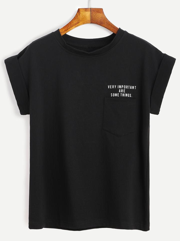 Shein Black Slogan Print Cuffed Sleeve T-shirt