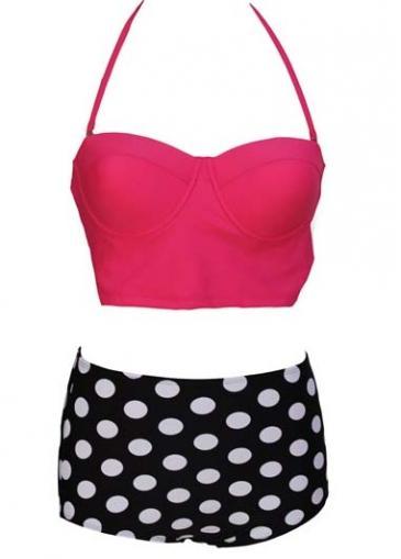 Rosewe Halter Tops With Polka Dot Thong Bikini Set