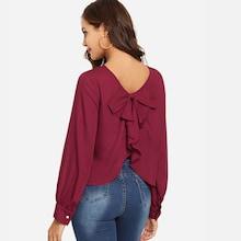 Shein Bow Embellished Split Back Ruffle Blouse