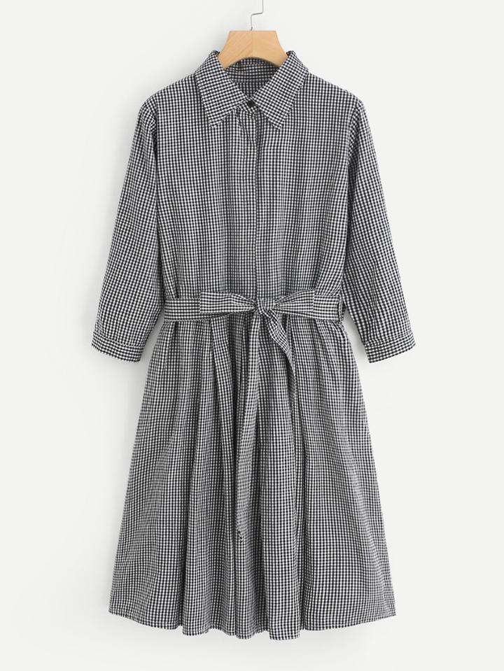 Shein Self Tie Gingham Shirt Dress