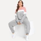 Shein Plus Heather Knit Colorblock Hoodie And Sweatpants Set