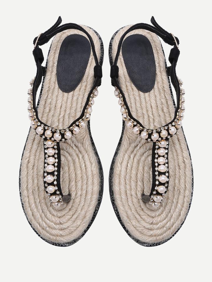 Shein Rhinestone And Faux Pearl Design Toe Post Sandals