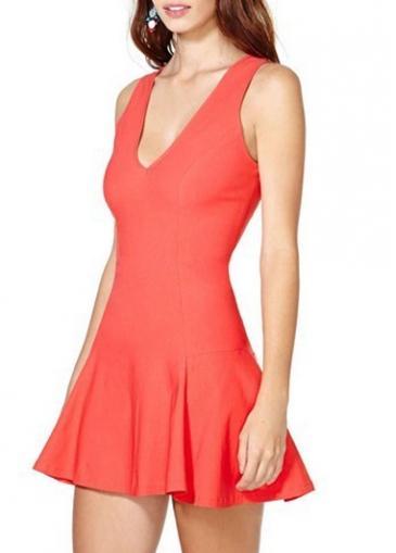 Rosewe Charming Open Back V Neck Orange A Line Dress