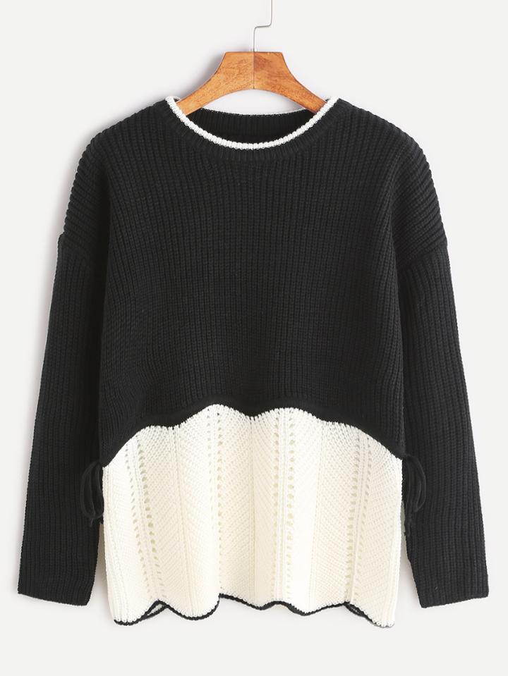 Shein Color Block Drop Shoulder Drawstring Eyelet Sweater