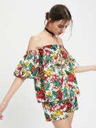 Shein Fluted Sleeve Tropical Bardot Top With Shorts