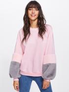 Shein Drop Shoulder Contrast Faux Fur Sleeve Sweatshirt
