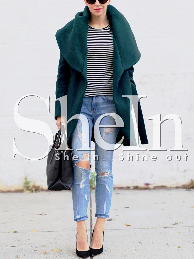 Shein Dark Green Long Sleeve Lapel Coat