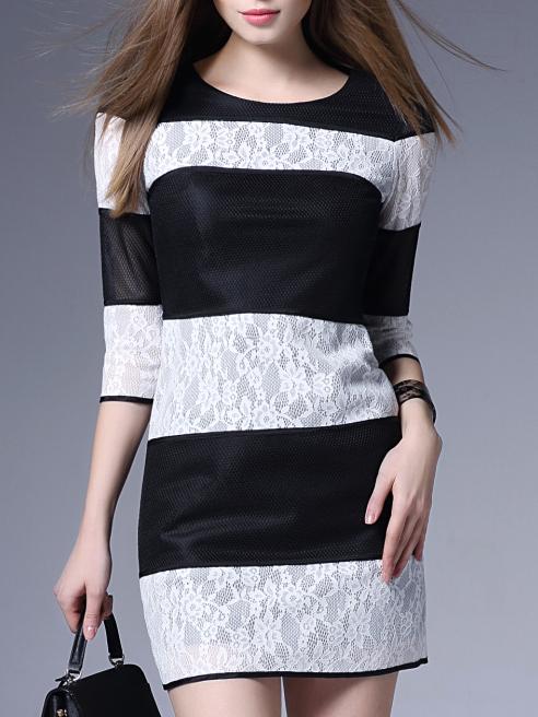 Shein Black Color Block White Sheath Lace Dress
