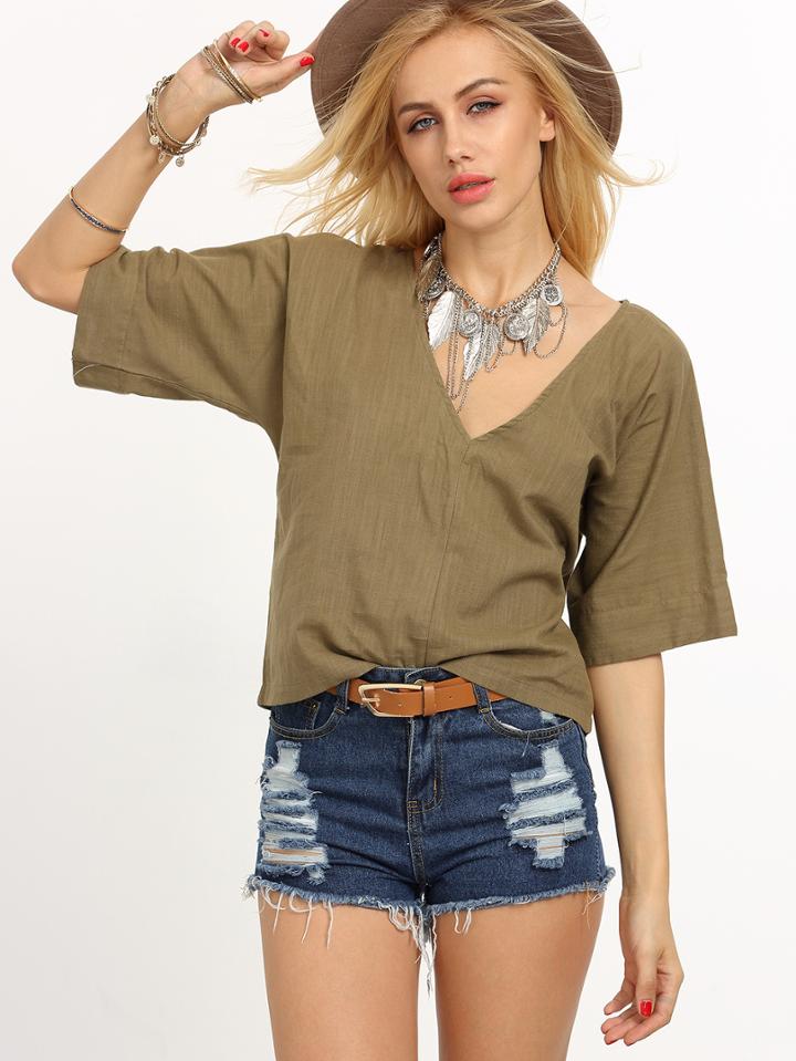 Shein Army Green V Neck Elbow Sleeve Shirt