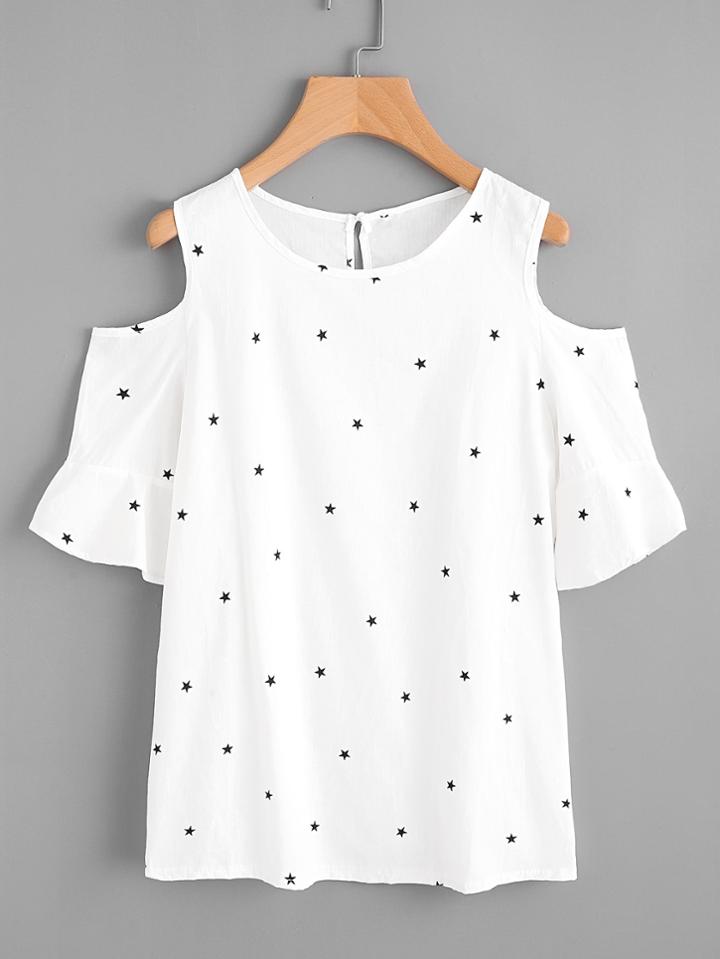 Shein Open Shoulder Frill Cuff Star Print Top