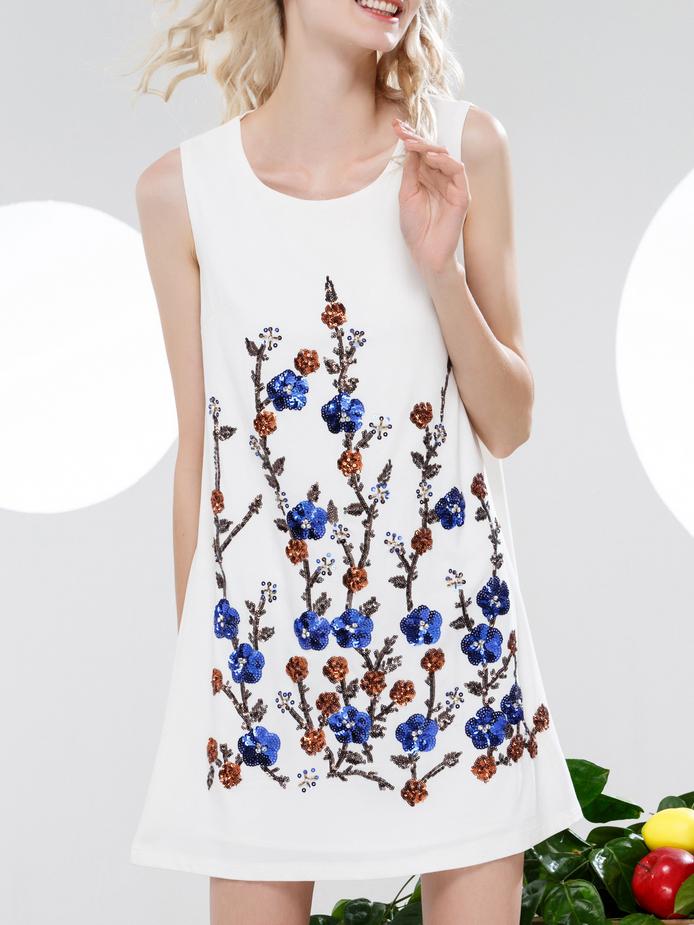 Shein White Beading Sequined Shift Dress