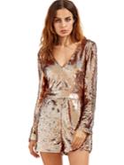 Shein Rose Gold Long Sleeve Deep V Neck Sequined Romper