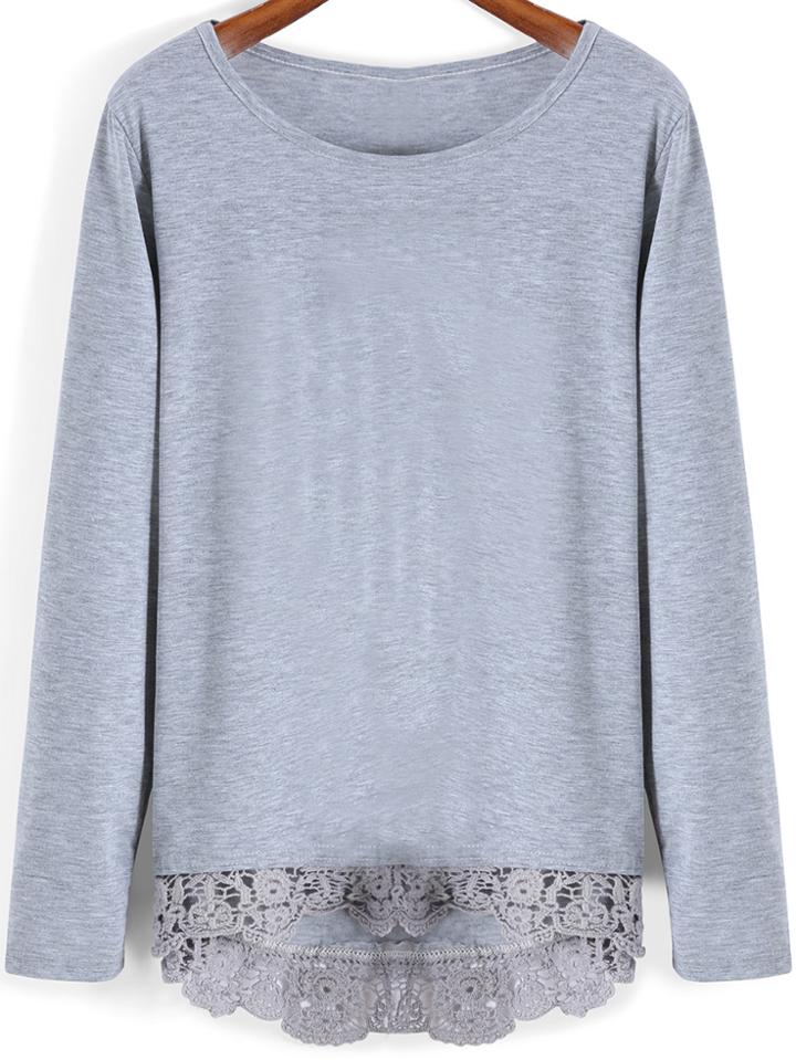 Shein Grey Round Neck Lace Hem T-shirt