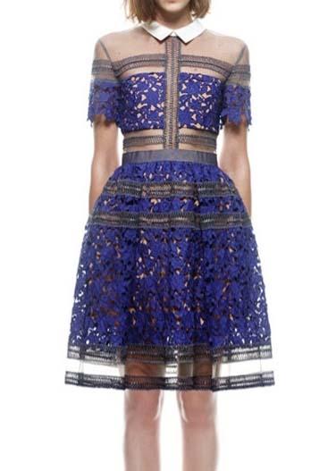 Shein Blue Shutter Peterpan Collars Shirtwaist Great Lapel Contrast Sheer Mesh Eyelash Lace Dress