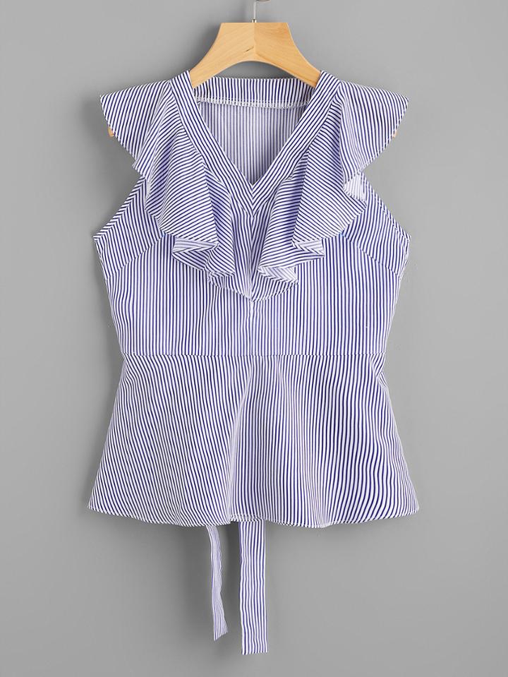 Shein V-neckline Flounce Trim Tie Back Pinstripe Top