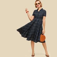 Shein Button Half Placket Flared Hem Plaid Dress