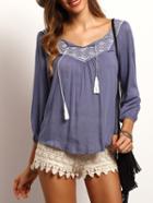 Shein Blue Lace Up Tribal Print Shirt