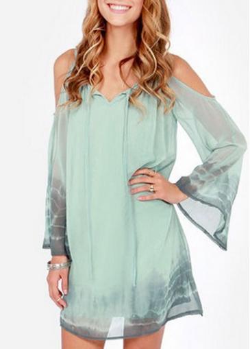 Rosewe Enchanting Cutout Shoulder Long Sleeve Green Chiffon Dress