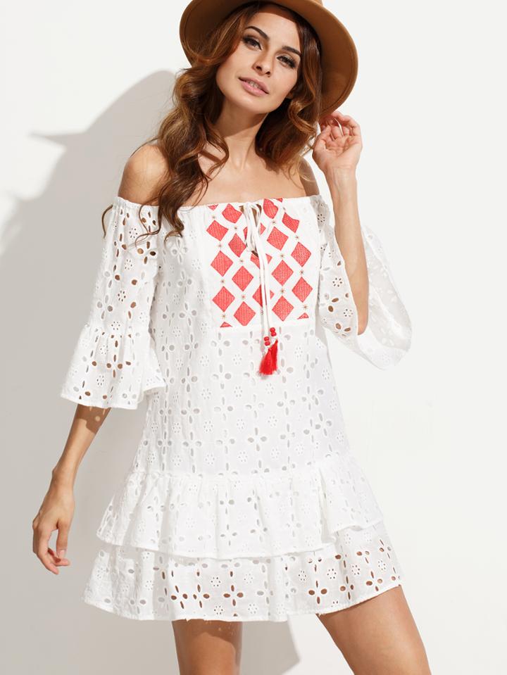 Shein White Embroidered Tassel Tie Off The Shoulder Dress