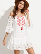 Shein White Embroidered Tassel Tie Off The Shoulder Dress